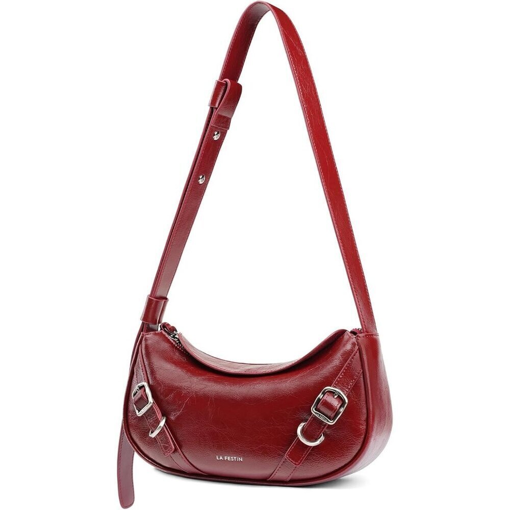 Women Red Soft Leather and polyester Hobo Bag with Adjustable Strap